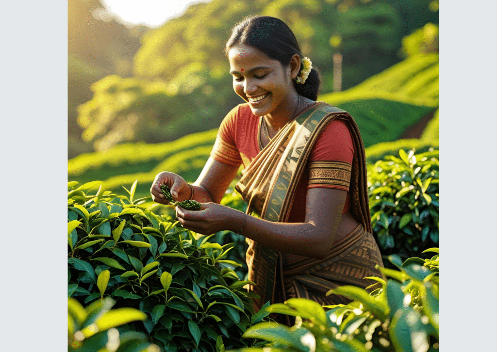 Lady with a smile plucking tea